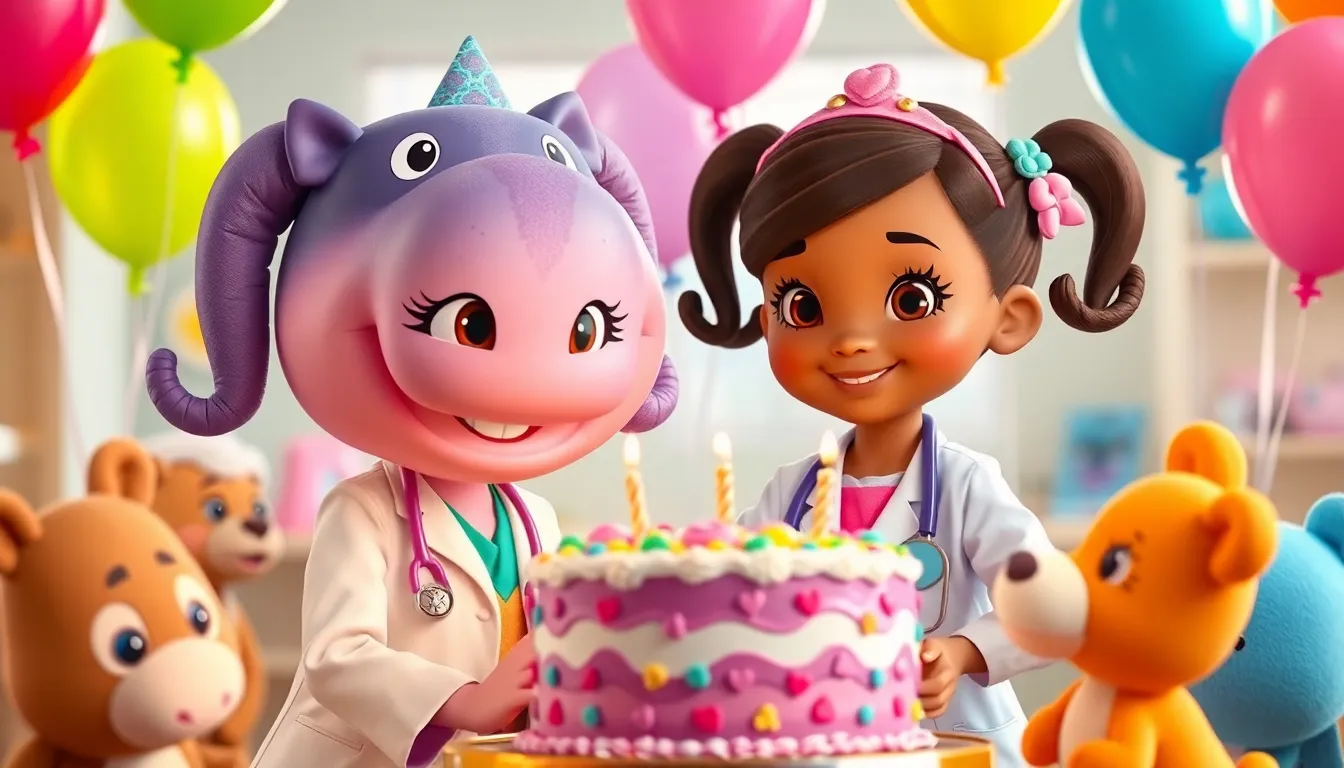 Doc McStuffins and Hallie the hippo nurse celebrating her birthday, a scene often seen in Doc McStuffins episodes.